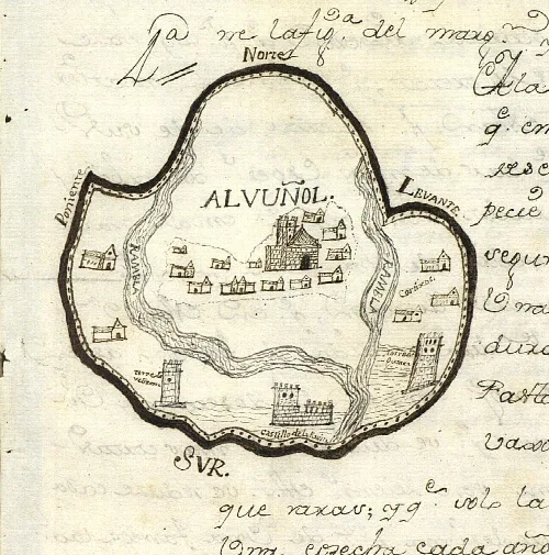 Alte Karte von Albuñol mit Befestigungen und Gebäuden aus 1751-1752.
