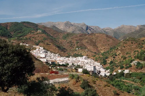 Stadt Tolox an einem Hang mit weißen Häusern und Bergen im Hintergrund.