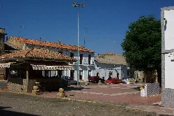 Plaza con edificios blancos, sombra de árbol y una zona peatonal.