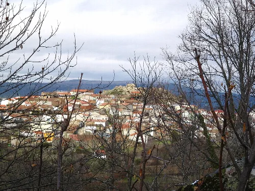Blick auf eine Stadt mit Häusern und Bäumen, gesehen von einem Hügelpfad.