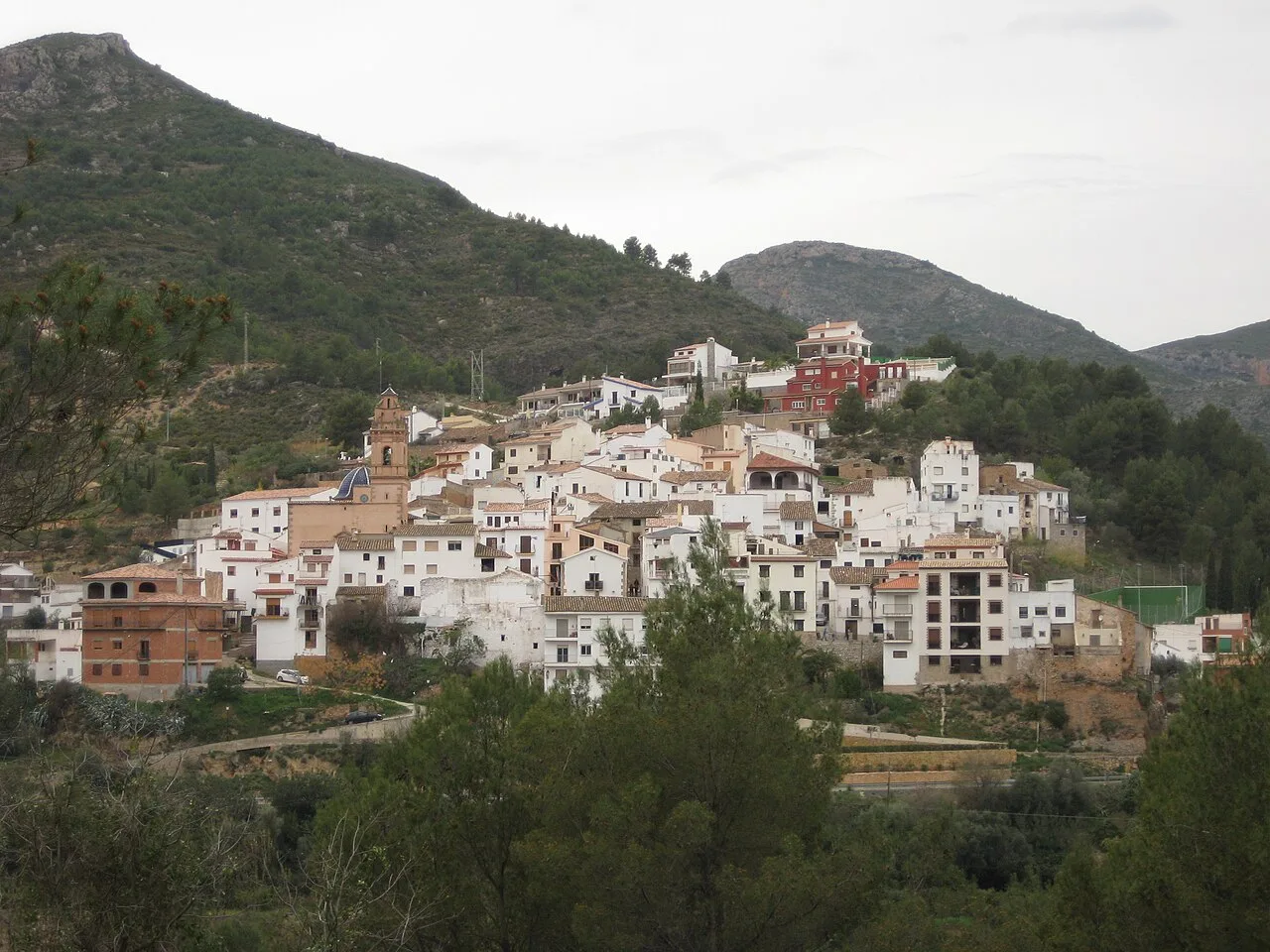 Vista de casas blancas en una ladera montañosa en Espadilla.