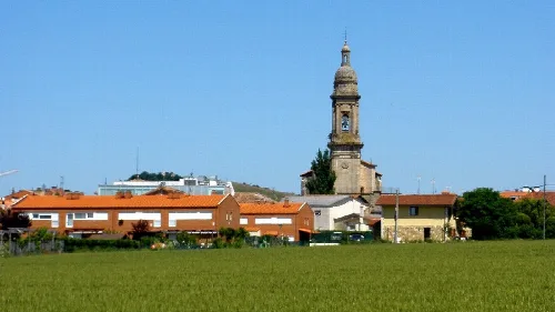 Blick auf Alegría de Álava mit Kirche und nahegelegenen Gebäuden.