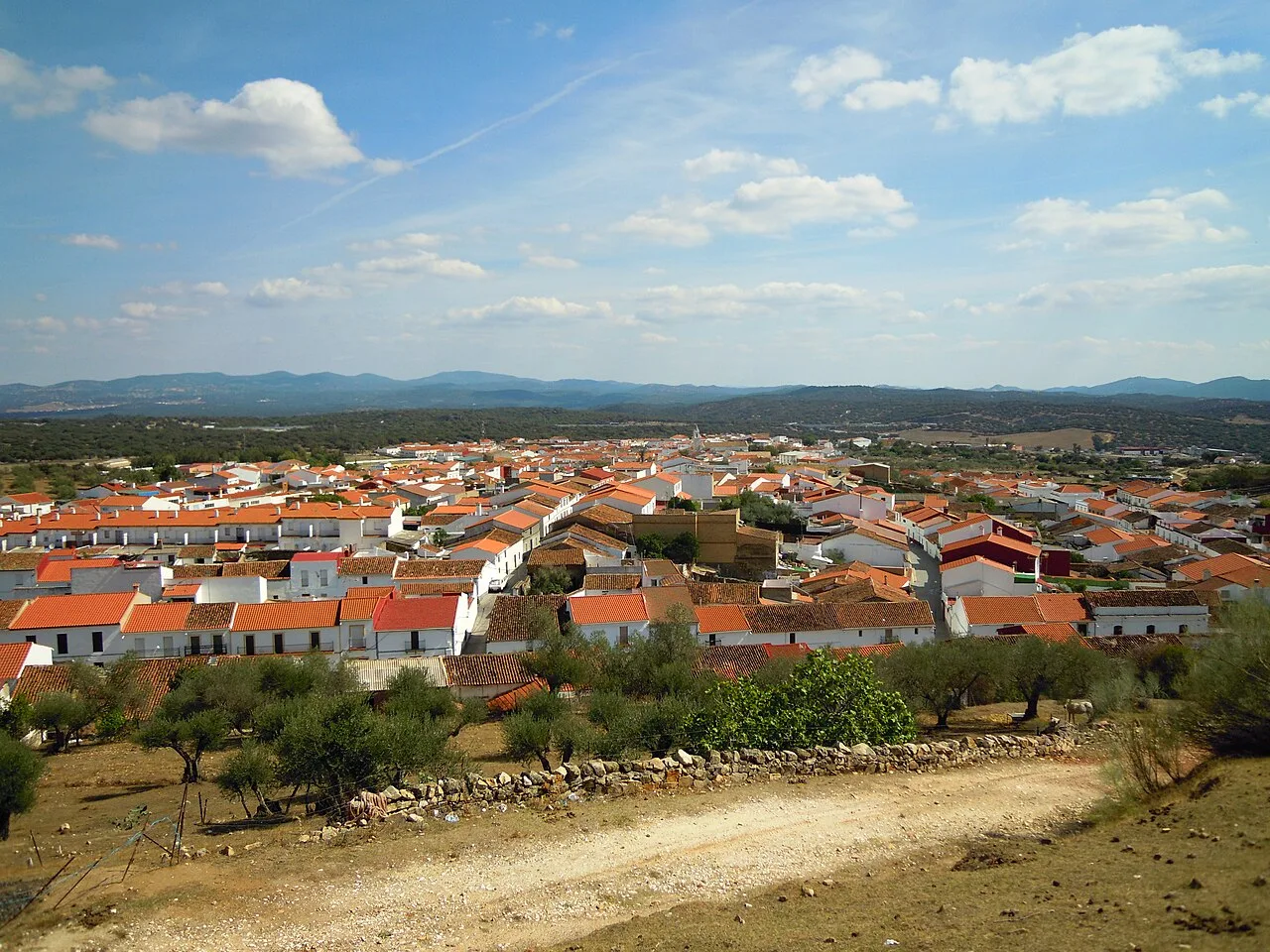 Panoramablick auf Häuser mit roten Dächern und Bäumen in Santa Olalla del Cala.