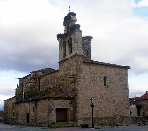 Stone church with bell tower in Barbolla, Segovia.