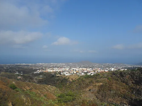 Landscape with city and green hills in Arafo, Tenerife.