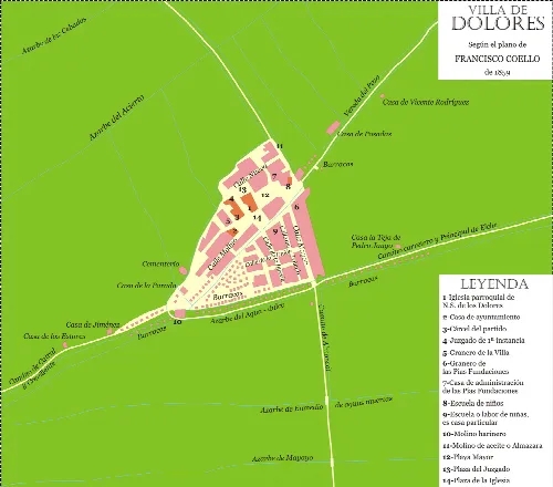 Mapa antiguo de Dolores, Alicante, con calles y edificios señalados.
