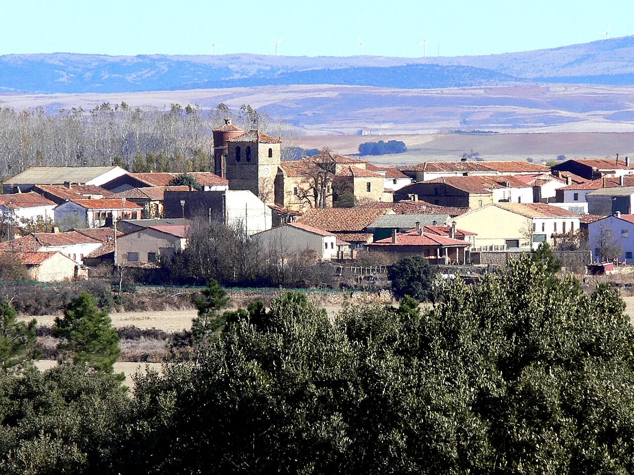 Houses and a church in Cubo de la Solana, Soria.