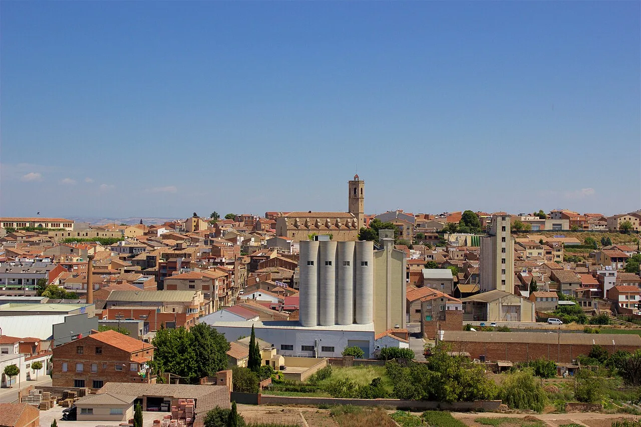 Vista de Bellpuig con casas, torres y silos industriales.