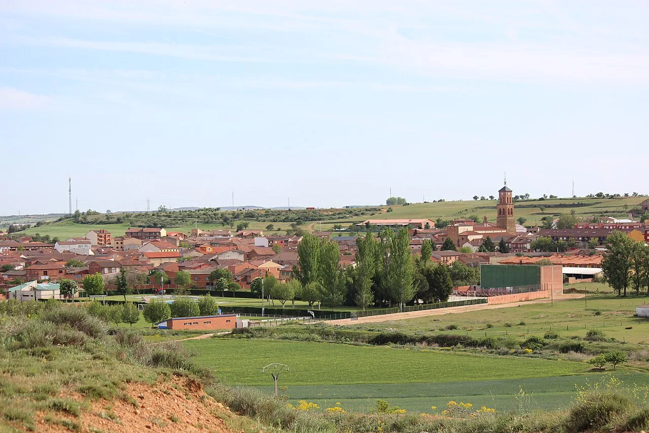Landschaft von Villamañán mit Häusern, Bäumen und Feldern vom Hügelanstieg aus gesehen.