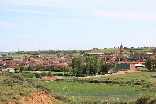Landschaft von Villamañán mit Häusern, Bäumen und Feldern vom Hügelanstieg aus gesehen.