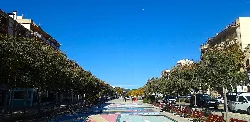 Riera in Arenys de Mar with trees and buildings on both sides under a blue sky.