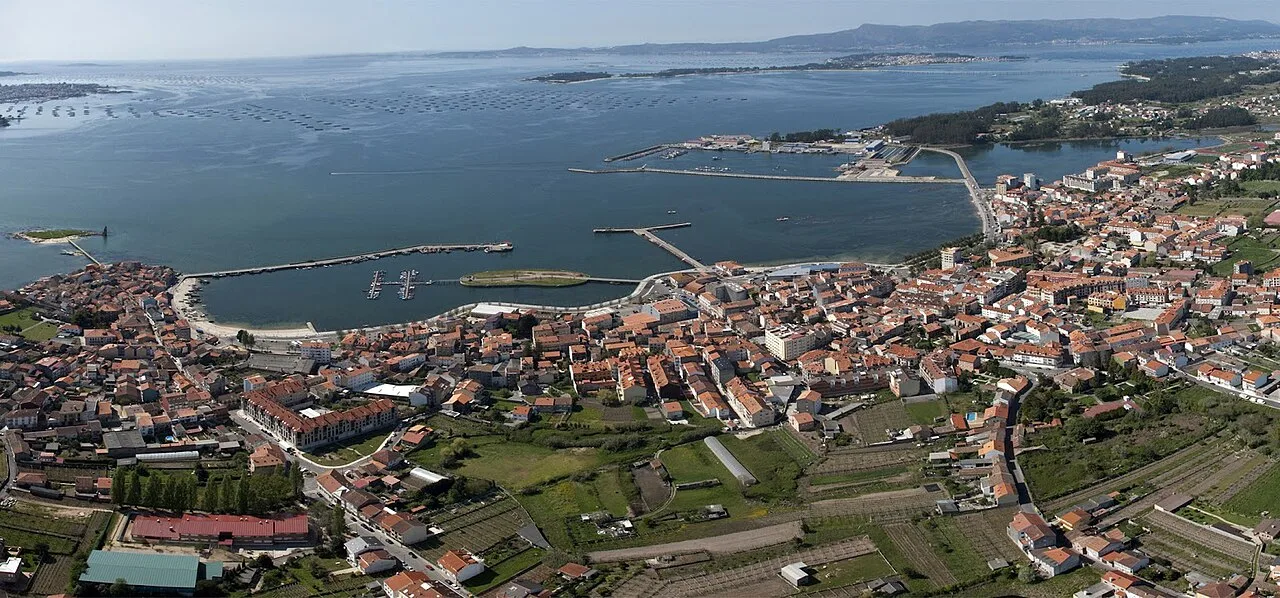 Vista aérea de un pueblo costero con puerto, edificios y campos verdes.
