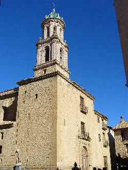 Church with bell tower in Rubielos de Mora.