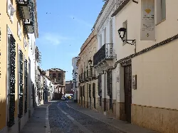 Narrow street with white buildings and street lamps in Manzanares.