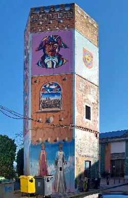 Colorful murals on the Water Tower in Cadreita, Navarra.