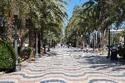 Palm tree-lined promenade with lampposts on the Explanada de España, Alicante.