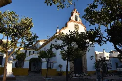 Iglesia de San José en El Cuervo de Sevilla con fachada blanca y árboles alrededor.
