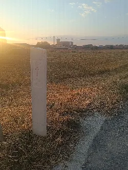 Way marker in a field with church in the background and sunset.