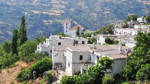 Weiße Häuser auf einem Hügel mit Vegetation in Bubión, Granada.