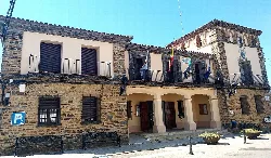 Stone building with columns and flags on the town hall facade.