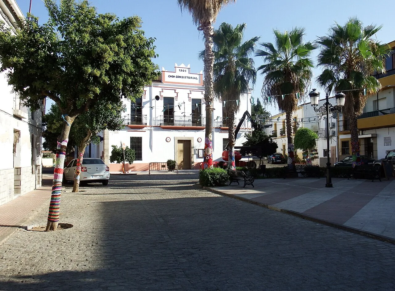 Square with palm trees, other trees, and a white building in Aldea del Cano.