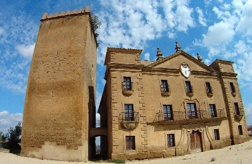 Stone palace with a tall tower in Biota, Zaragoza.