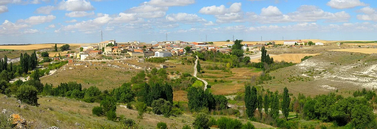 Rural landscape with houses and fields in San Llorente, Valladolid.