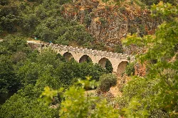 Stone bridge with arches over a river surrounded by greenery.