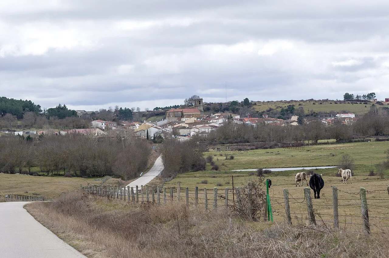 Ländliche Landschaft mit Straßen, Pferden und einem Dorf im Hintergrund in Endrinal de la Sierra.