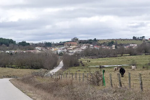 Rural landscape with roads, horses, and a village in the distance in Endrinal de la Sierra.