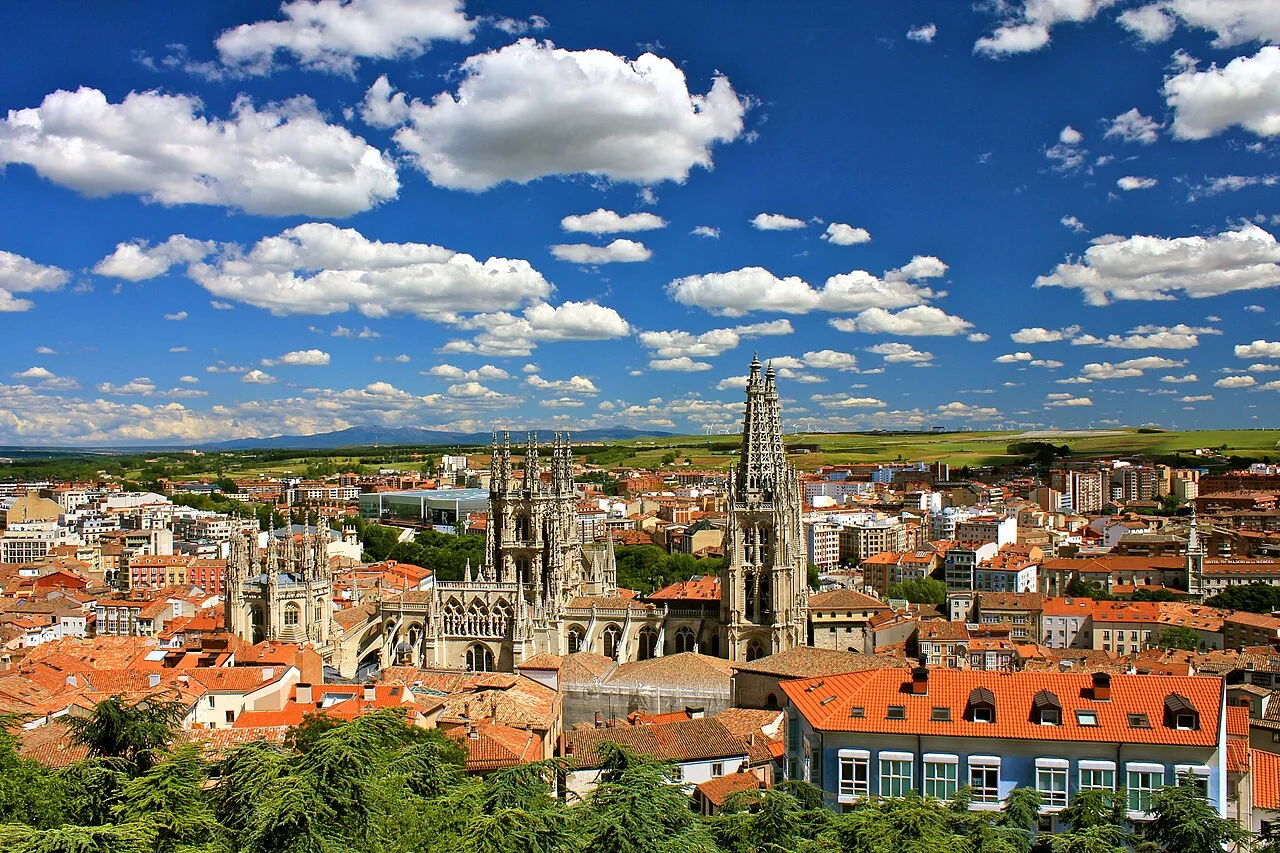 Panoramic view of Burgos with the cathedral and cloudy sky.