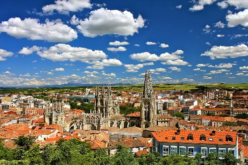 Panoramic view of Burgos with the cathedral and cloudy sky.