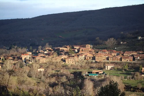 Village in a valley surrounded by hills and forests, with red and green roofed houses.
