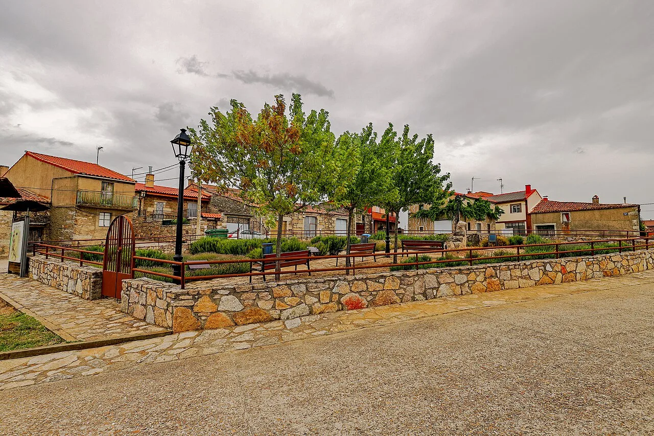 Park with trees, benches, and lampposts in Pino del Oro.