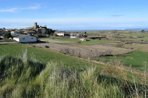 Rural landscape with church and fields in Castiliscar.