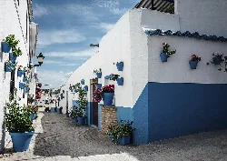Calles con casas blancas y muchas macetas azules en Cañete de las Torres.
