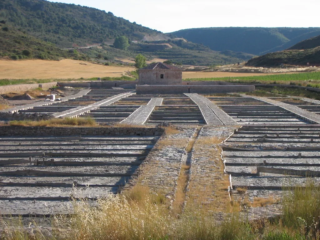 Overview of the ancient salt evaporation ponds of Saelices de la Sal, in Guadalajara, Spain.