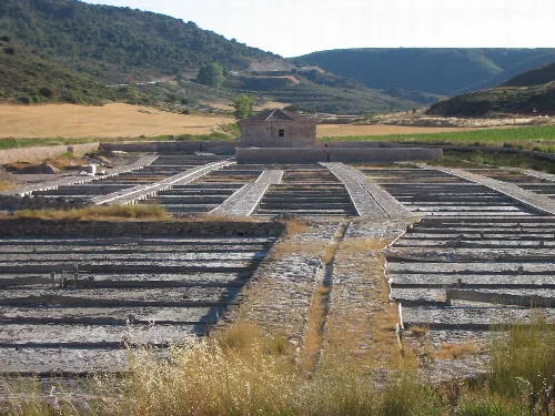 Overview of the ancient salt evaporation ponds of Saelices de la Sal, in Guadalajara, Spain.
