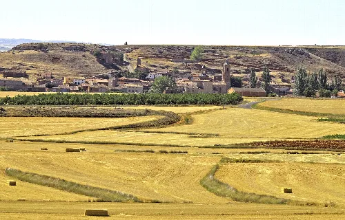 View of Villarroya del Campo and agricultural fields in the foreground.