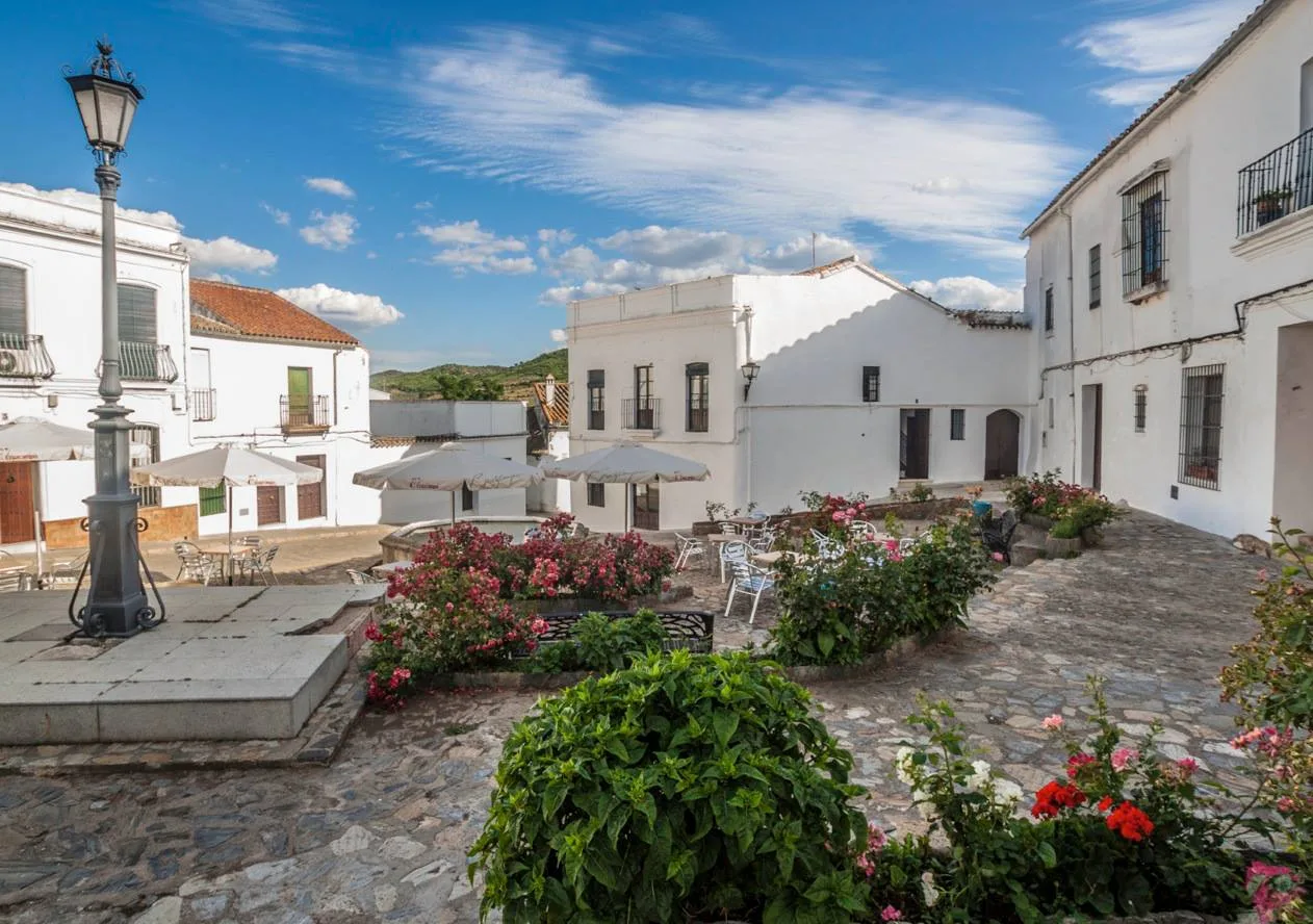 Plaza con terrazas, flores y farola en Cazalla de la Sierra.