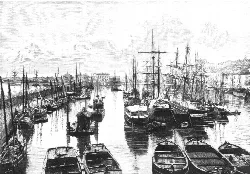Puertos con barcos y muelle en Gijón, Asturias.