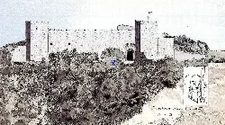 Dibujo en blanco y negro de una fortaleza con muros y torres en un paisaje rocoso.