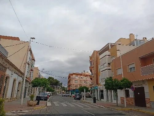 Vista de la Avenida 28 de Febrero con edificios y árboles en Benahadux.