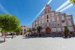Fassade einer großen Kirche mit Bäumen und blauem Himmel.
