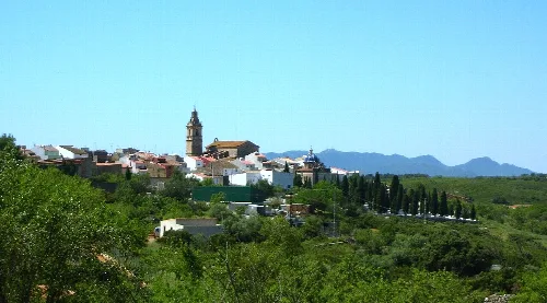 View of a town with mountains and green trees.
