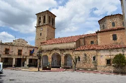 Square with church and town hall in Almodóvar del Pinar, Cuenca.