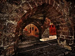 Stone arches at Montalbán's gate in Montalbán, Teruel.