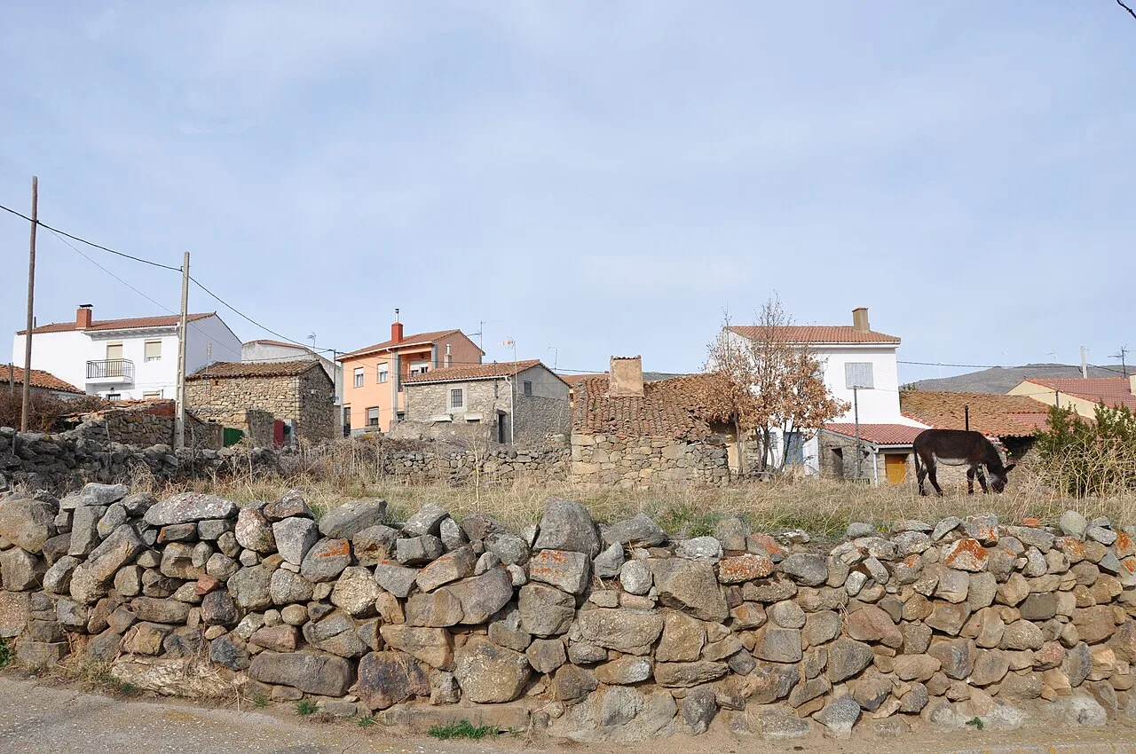 Houses and a horse in a field in Poveda, Ávila, Spain.