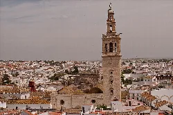 Panoramic view of Lebrija with the church tower in the center.