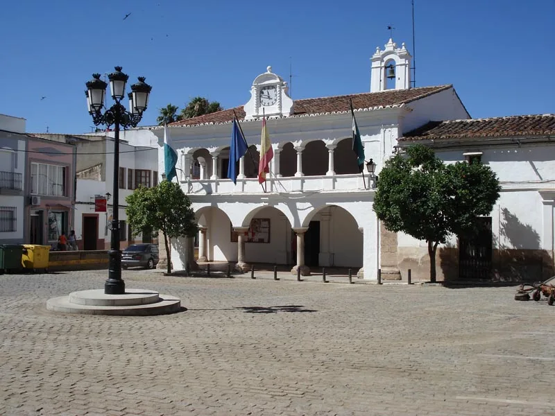 Square with white building, flags, trees, and lamppost in Aceuchal.